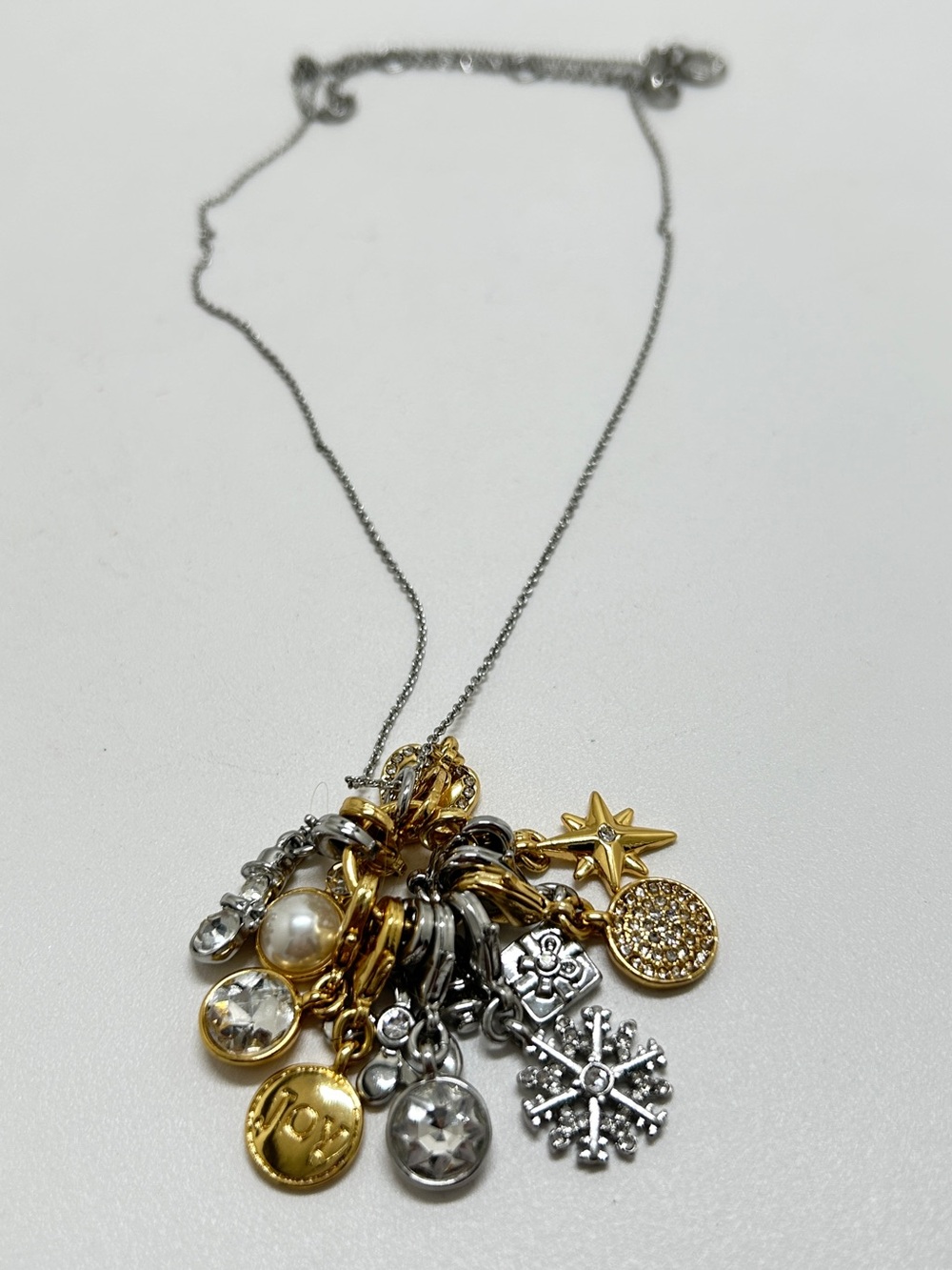 Talbots, Mixed Metal Understated Holiday Charm Necklace, Crystal, Pearl, Quality
